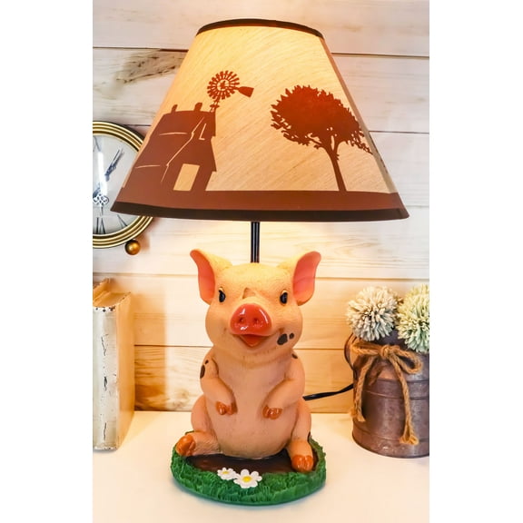 Rustic Farm Country Pink Babe Piglet Muddy Pig Desktop Table Lamp With Shade