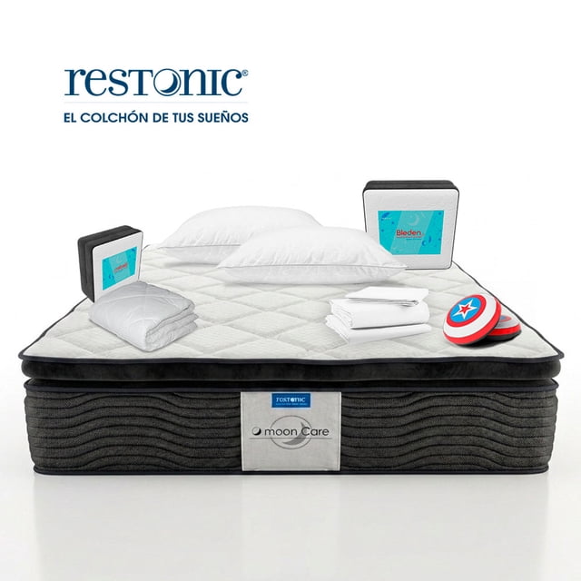 Paquete Colchon King Size Restonic Ortopedico Mooncare + Protector para Colchón King Size + Juego de Sábanas King Size + 2 Almohadas + Complemento