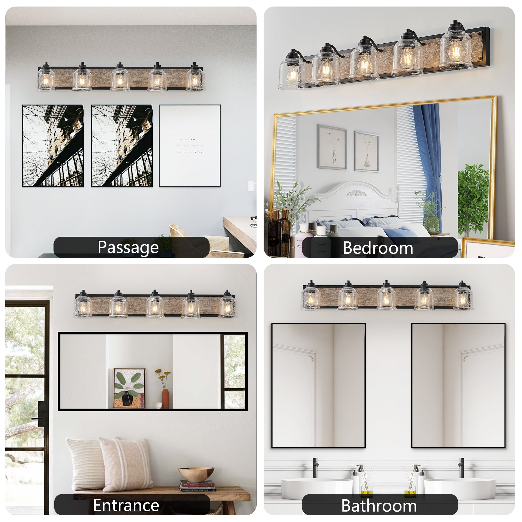 5-Light Farmhouse Bathroom Vanity Light, 40 Inch Rustic Wall Sconce with Wood Finish and Bubble Glass Shades