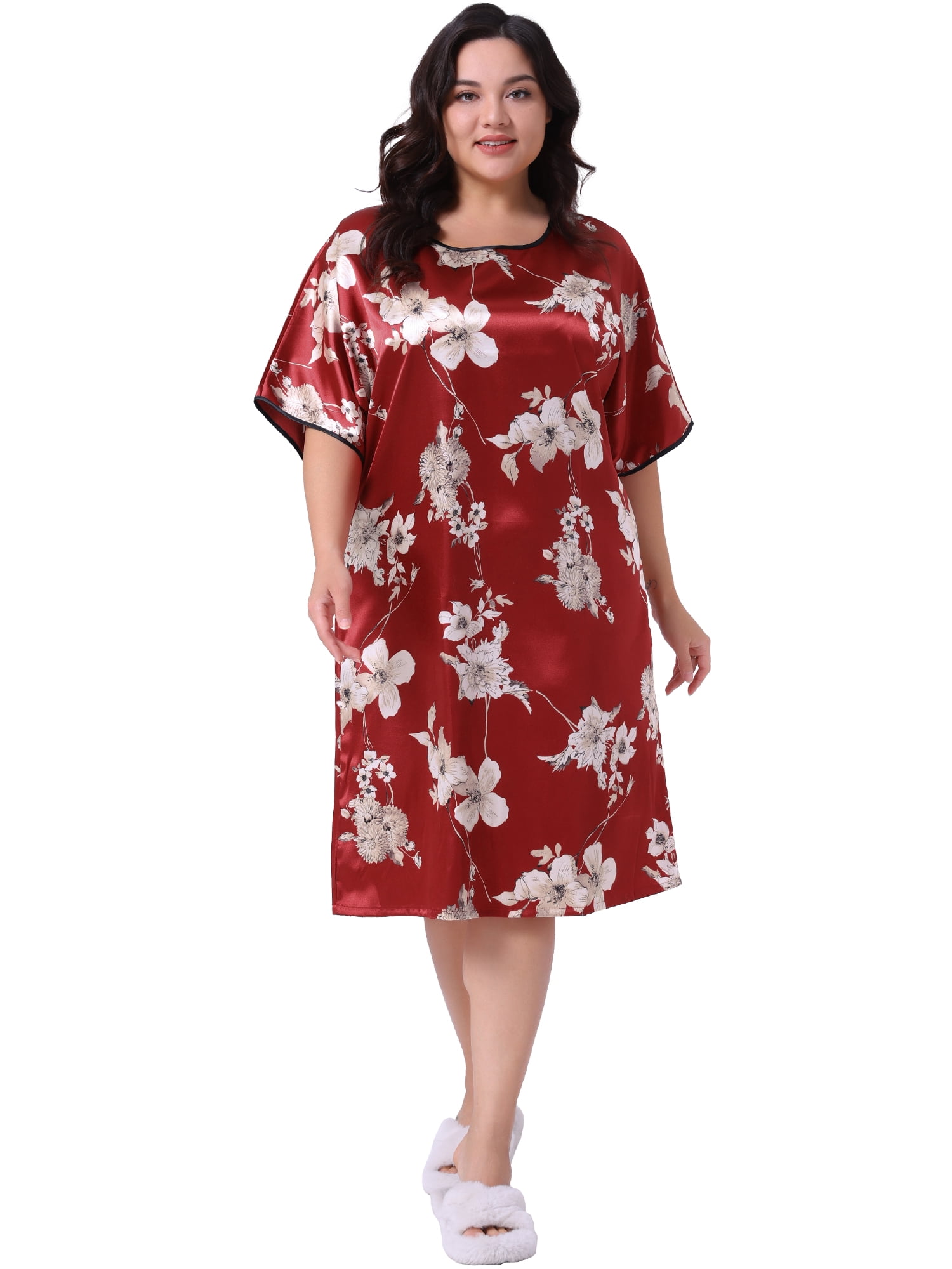 DARING DIVA Women's Plus Size Satin Floral Short Sleeve Round Neck Nightgown 1X Red