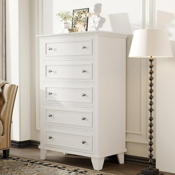 Garvee White 5-Drawer Bedroom Dresser, 48" Tall Wood Chest with Deep Drawers, Modern Organizer with Metal Handles for Living Room, Hallway, Entryway