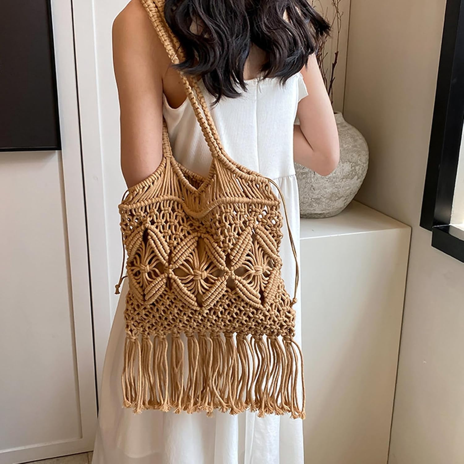 Beach Bag for Women Crochet Bag Large Woven Tote Bag Brown Beach Bags Straw Handbags for Womens