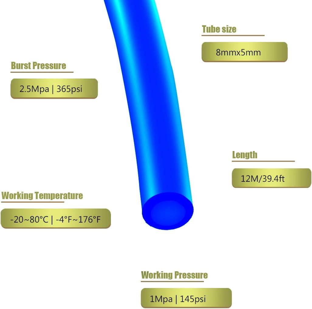 MKEUDQ-8mm x 5mm Pneumatic Tubing Air Compressor Tubing PU Pipe Polyurethane Hose Tube Fluid Gas Transfer 39.4ft 12 Meter Blue