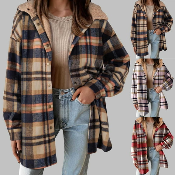 Oksale Fleece Lined Plaid Jacket Women with Hood Casual Button Down Coat with Pockets Loose Long Sleeve Outerwear Side Warm Winter Overcoat Casual Fall Outfits 2025 Pink S