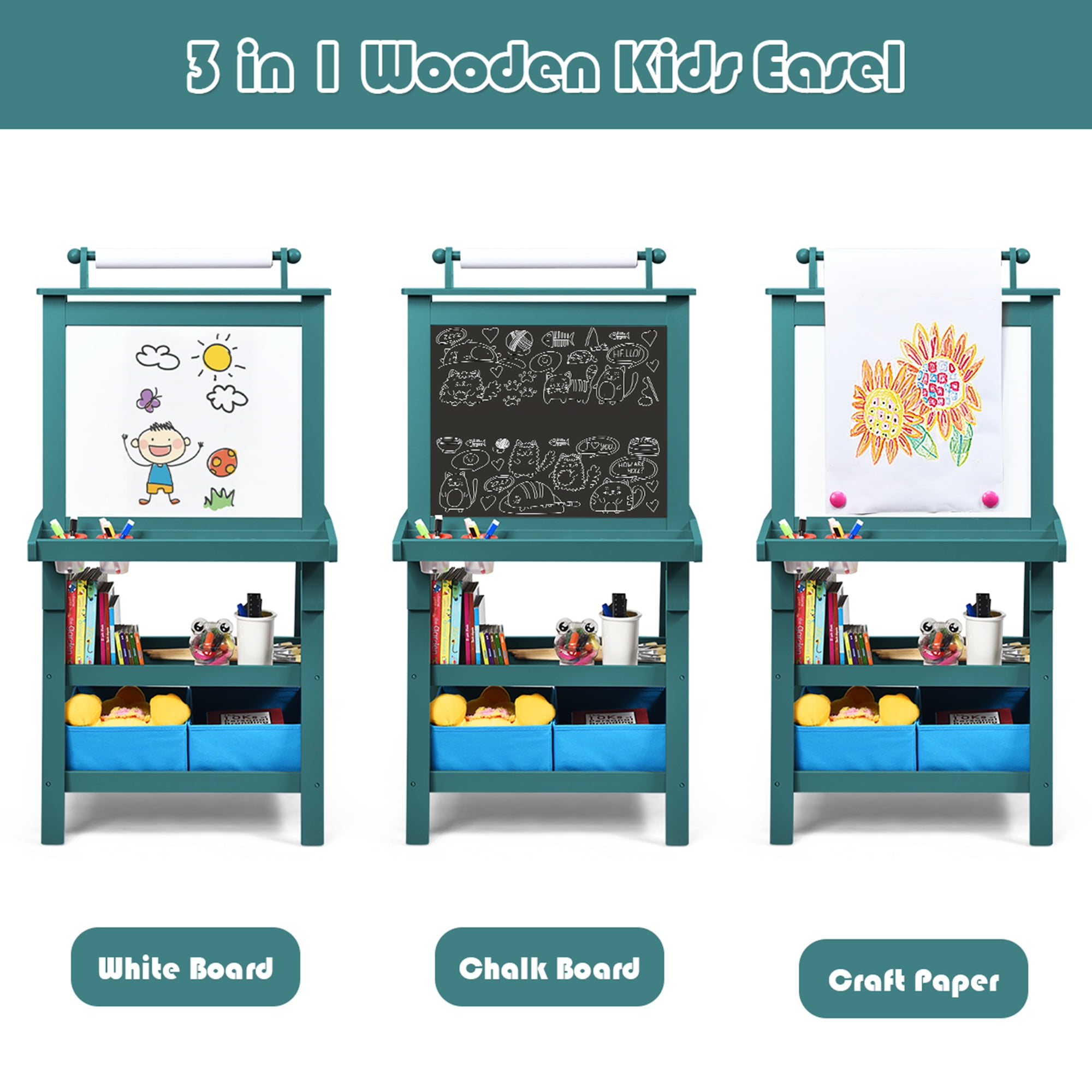 Gymax 3 in 1 Double-Sided Storage Art Easel w/Paint Cups for Kid Writing Teal Frosting