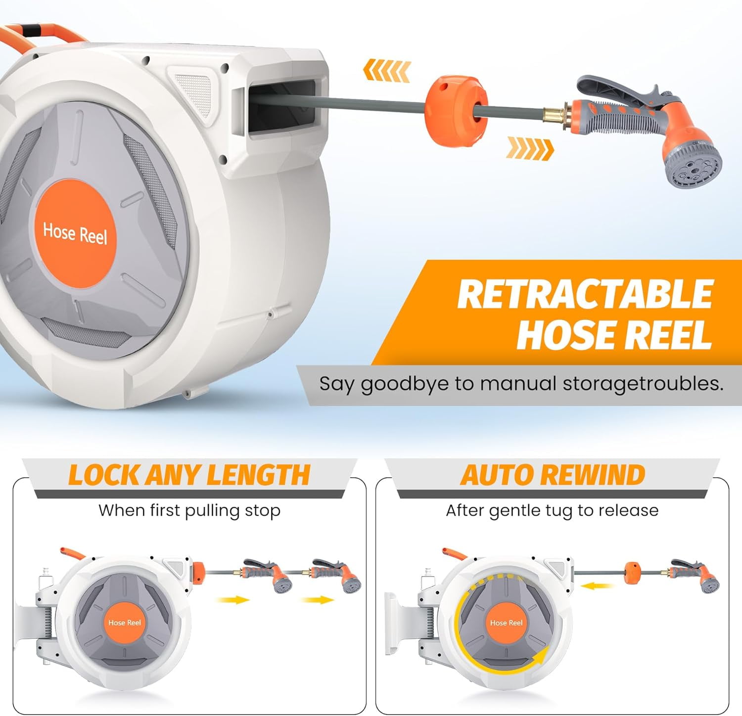 Retractable Garden Hose Reel, 5/8 In x 65 Ft With 9 Function Sprayer Nozzle, Any Length Lock, Automatic Rewind and Slow Return System, Wall Mounted and 180 Deg Swivel Bracket