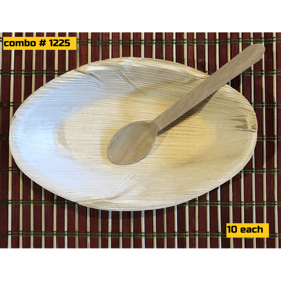 Bio Mart Leaf Tableware/100% Natural-Eco-friendly/Disposable/Biodegradable/PartyBBQ-COMBO FAMILY - PARTY PACK Oval Desert or Salad Plate 8" with Spoon -10 each