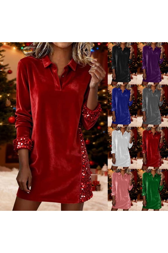 Dress Cocktail Dresses for Women Women's solid color lapel button side sequin party dance splicing long sleeved sequin dress Fall and Winter for Work, Office, and Business Casual