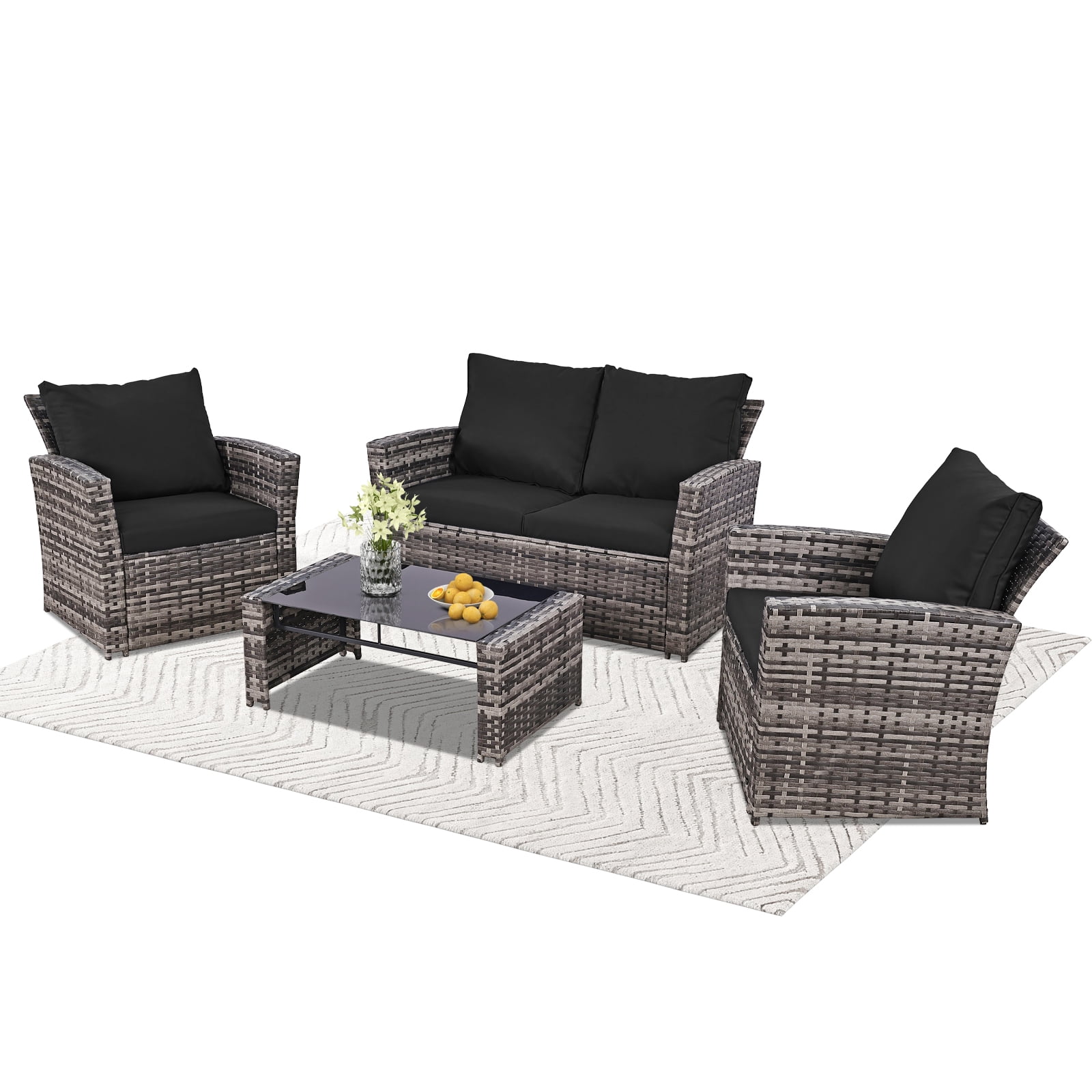 FHFO 4 Piece Patio Furniture Set,Outdoor Wicker Conversation Sets,Rattan Sectional Sofa w/Coffee Table,Seat Cushions for Backyard Porch Garden Poolside - Gray Wicker/Black Cushions