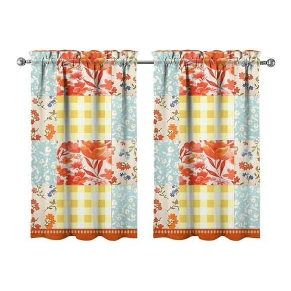 2 Panels Kitchen Window Curtains with Rod Pocket over Sink Pioneer Colorful Floral Small Window Treatment Cafe Short Curtains for Bathroom Tier Drapes 27.5x39inch