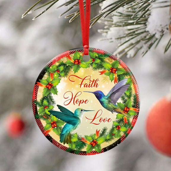 Flagwix Christmas Ornaments|Christmas Tree Decoration| Faith Hope Love. Hummingbird Christmas|Christmas Gifts, Ceramic Ornaments With Ribbon - Circle, 1 Pcs