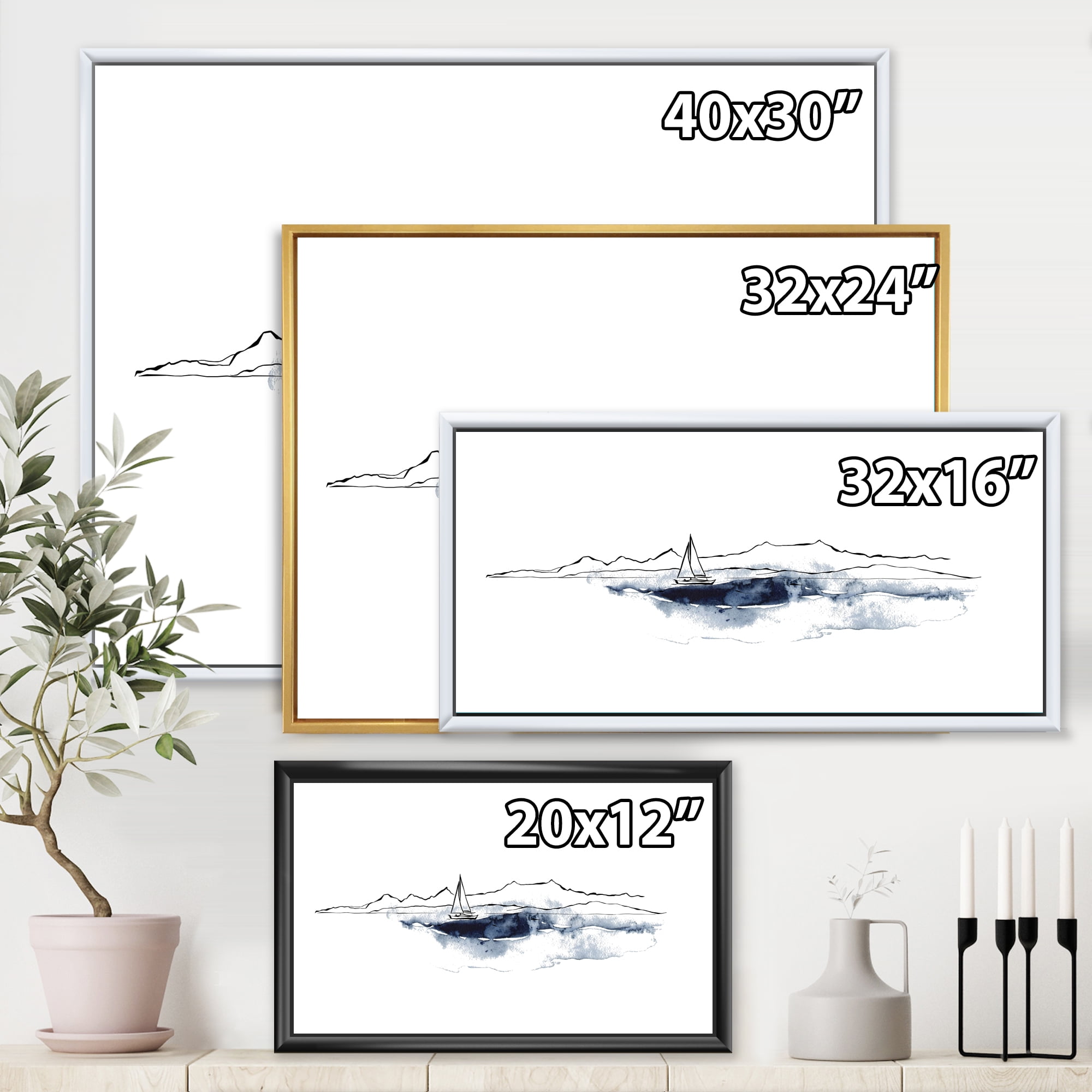 Designart 'Minimalistic Seascape With Boat and Black Mountains' Nautical & Coastal Framed Canvas Wall Art Print