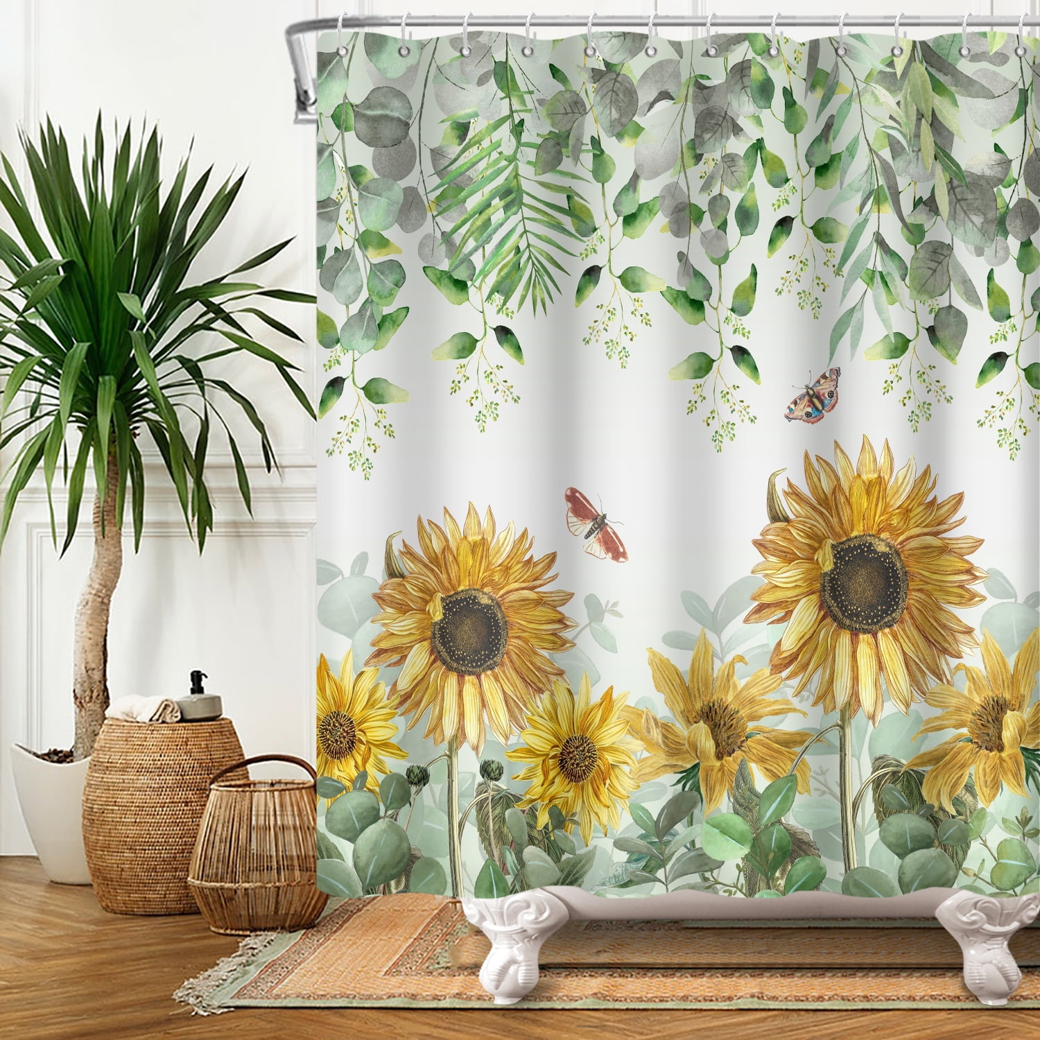 Spring Sunflower Shower Curtain,Green Leaves Waterproof Fabric Bathroom Curtain with Hooks,72x78 in