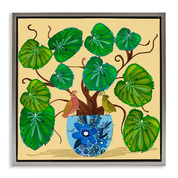 Stupell Industries Potted Plant & Birds Perched Animals Painting Gray Floater Framed Canvas Art Print Wall Art, 25 x 25