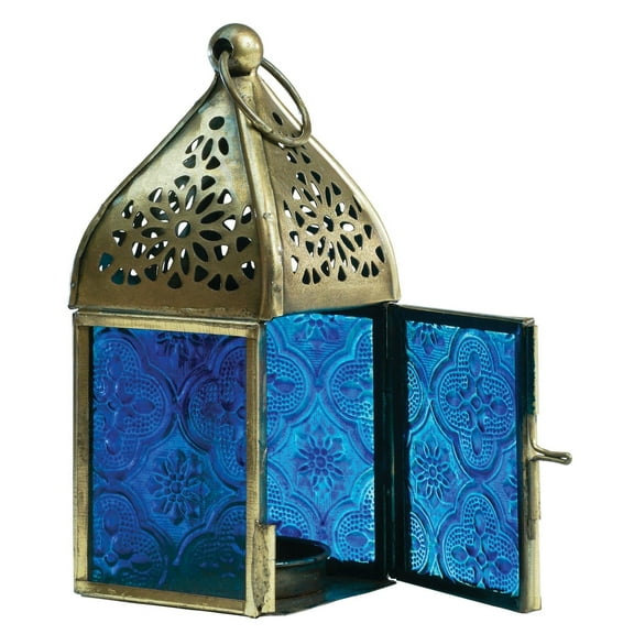 In the Breeze 9201 — Blue Mini Square Tealight Lantern — Moroccan-Style Boho Chic Tealight Glass and Metal Tabletop Lantern