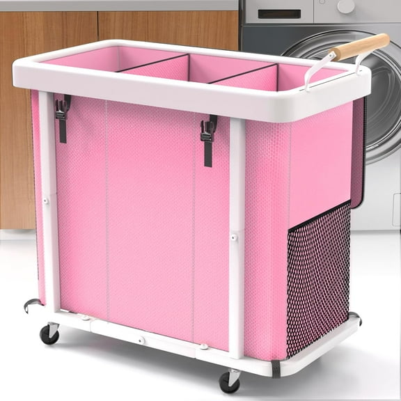 230L (60 Gal) Extra Large Fashion Laundry Sorter 3 Section with Lid, Rolling Laundry Basket Hamper with Handle, Laundry Organizer Storage Cart with Sturdy Metal Frame for Laundry Room,Hotel,Pink