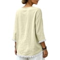 thumbnail image 6 of Qzwdhjm Linen 3/4 Sleeve Tops for Women V Neck Loose Fit Shirts with Frayed Hem Summer Fall Casual Blouses for Dailywear, 6 of 8