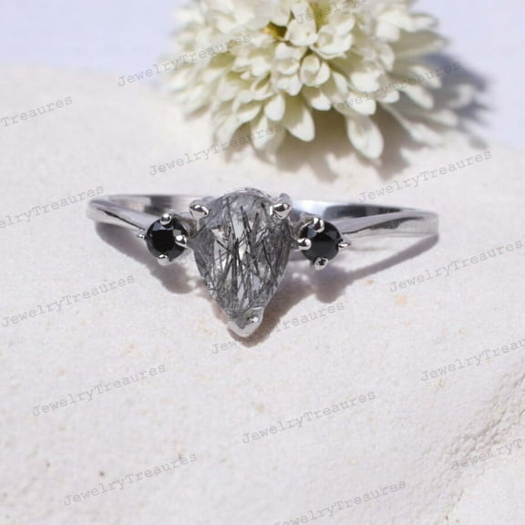 Pear cut Black Rutilated Quartz Ring 925 Sterling Silver Engagement Ring Onyx Three Stone Jewelry for Women Promise Ring Gift For Her Lover