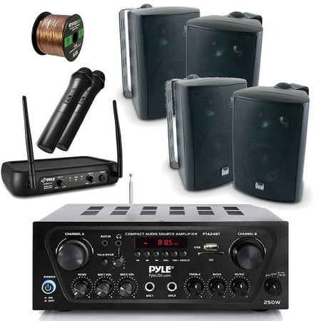 receiver stereo speakers outdoor wireless dual 4x pyle microphone watt vhf amplifier bluetooth electronics channel indoor system 50ft karaoke speaker