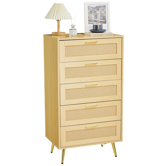 Babevy Modern Rattan Tall Chest of Drawers, 5-Drawer Storage Dresser for Bedroom and Living Room