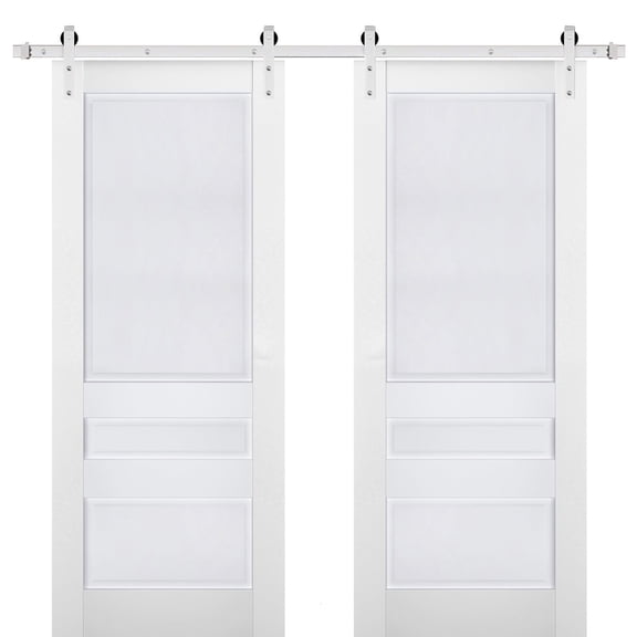 Sturdy Double Barn Door | Veregio 7411 White Silk | 13FT Rail Hangers Heavy Set | Solid Panel Interior Doors-36" x 96" (2* 18x96)-Silver Rail