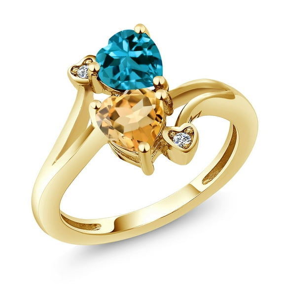 Gem Stone King 18K Yellow Gold Plated Silver London Blue Topaz Yellow Citrine and White Lab Grown Diamond Ring for Women (1.63 Cttw, Heart Shape 6MM, Gemstone November Birthstone, Size 9)