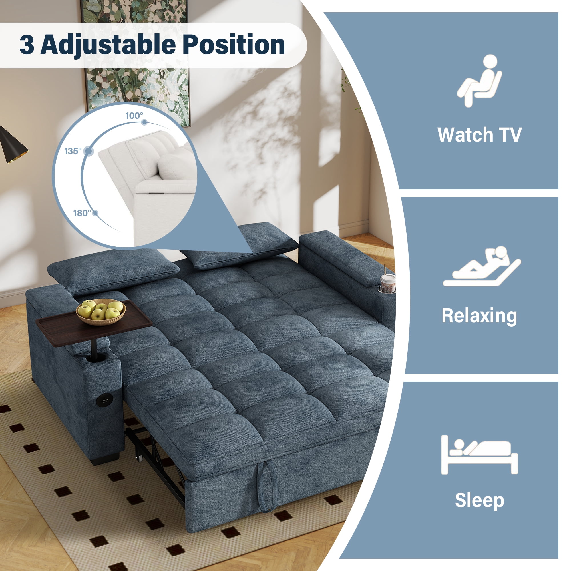 Aukfa 65"W Convertible 3-in-1 Sofa Bed with Storage, Queen Chenille Sleeper Couch with USB/Type-C Ports & Rotating Side Table,Blue
