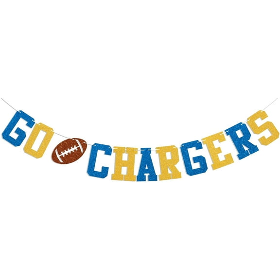 Go Chargers Banner - Chargers Party Sign, College Football Party Decor, Football Team Party Decorations Gold & Blue Glitter