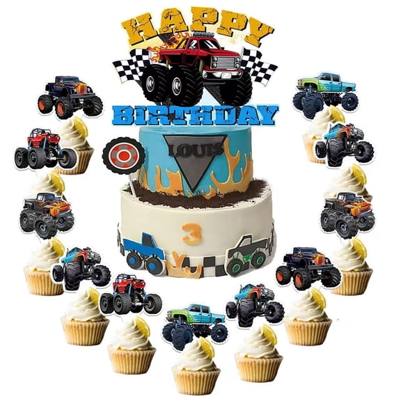 Monster Truck Birthday Cake Decorations Set, 1 Large Cake Topper and 35 Cupcake Toppers