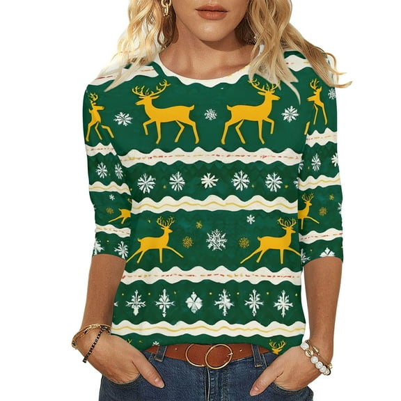 Women's Christmas Checked Sweatshirts Funny Christmas Elk Print Blouses Thermal Lounge Warm Blouses Relaxed Fit Pullover Sweater Blouse 3/4 Sleeve Christmas Outfits