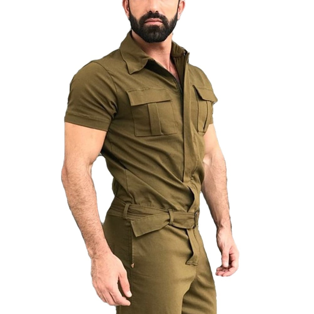 Men Short Sleeve Basic Work Coverall, Pure Color Cargo Overalls Casual ...