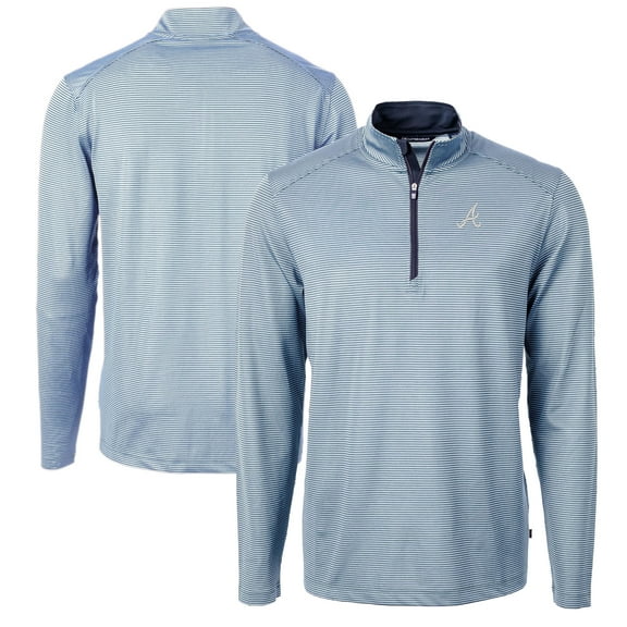 Men's Cutter & Buck Light Blue/Navy Atlanta Braves Virtue Eco Pique Micro Stripe Big & Tall Recycled Quarter-Zip