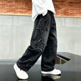 thumbnail image 2 of YunPes Boys Trendy Baggy Denim Pants Frayed Star Patch Wide Leg Jeans Vintage Y2K Casual Trousers Teen Harajuku Grunge Jeans, 2 of 6