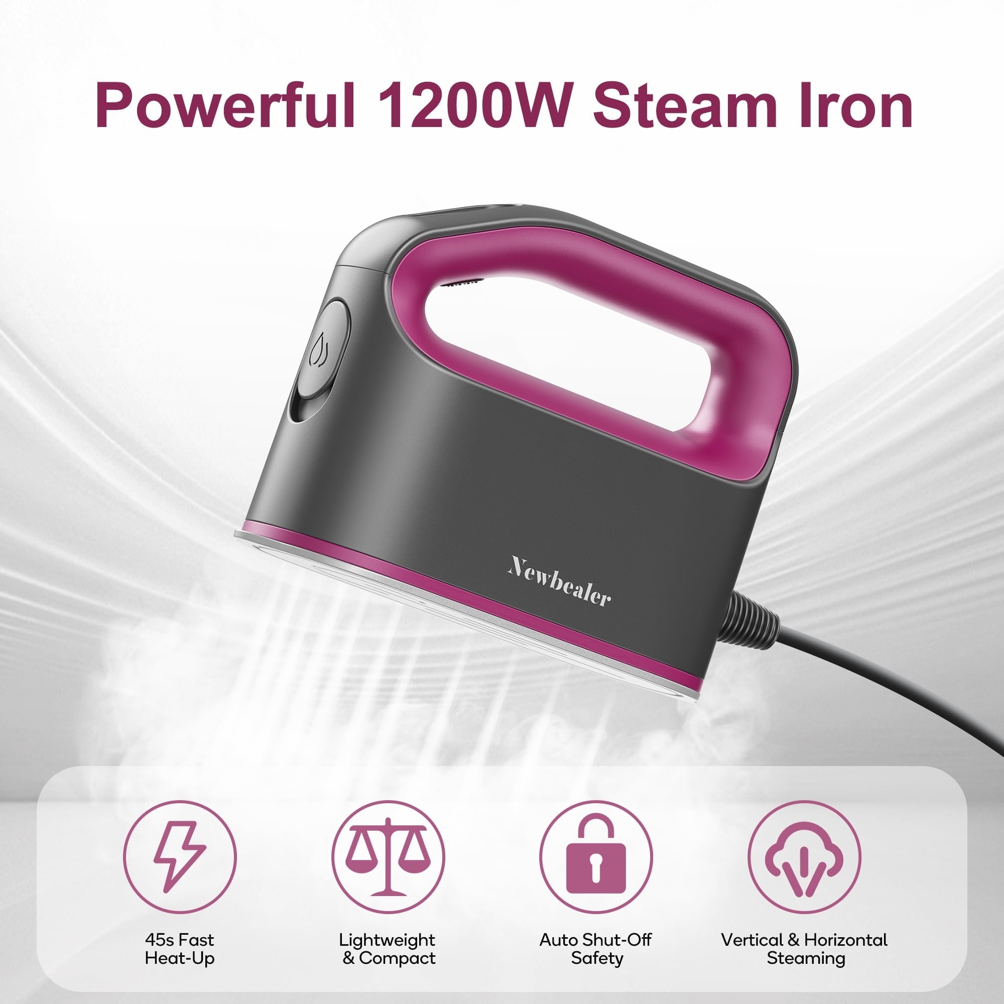 Newbealer Travel Steam Iron,1200W Handheld Steamer for Clothes,3 Levels Steaming&Dry Ironing,Low-temperature protective panel,Drip-free tank,Self-Cleaning