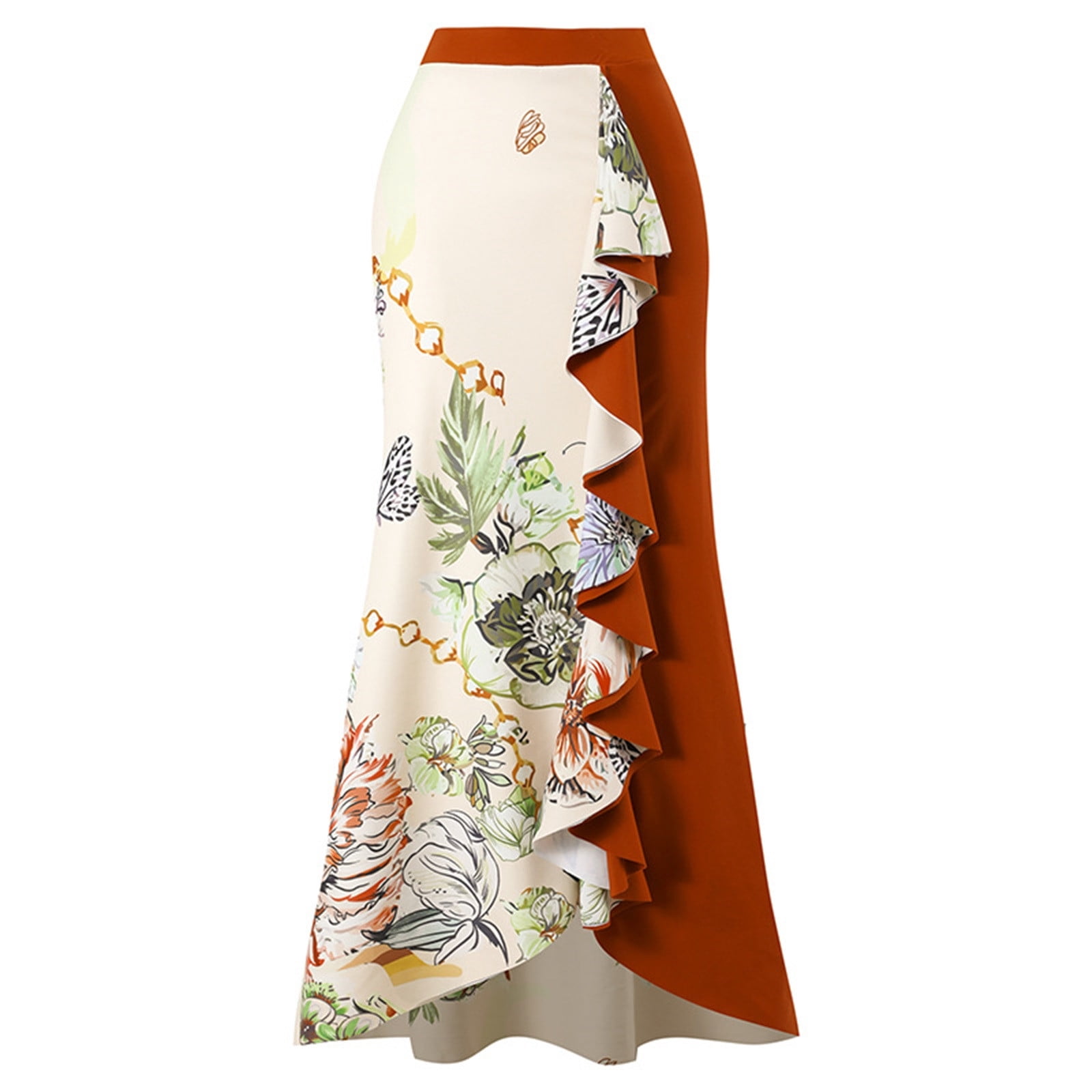 ZQGJB Sexy One Piece Tankini Swimsuit with Chiffon Wrap Around Long Skirt for Women Vintage Summer Floral Printed Tummy Control Bathing Suit 2 Piece Set #16-Orange L