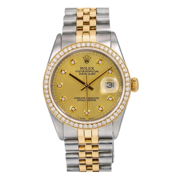 Pre-Owned Rolex Datejust 36MM 16013 Champagne Diamond Dial Diamond Bezel Two Tone Yellow Gold Jubilee Bracelet 1.2ct