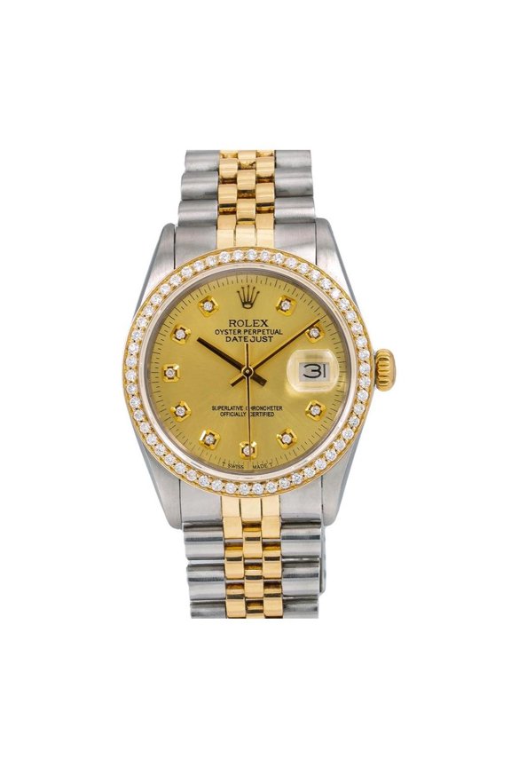 Pre-Owned Rolex Datejust 36MM 16013 Champagne Diamond Dial Diamond Bezel Two Tone Yellow Gold Jubilee Bracelet 1.2ct