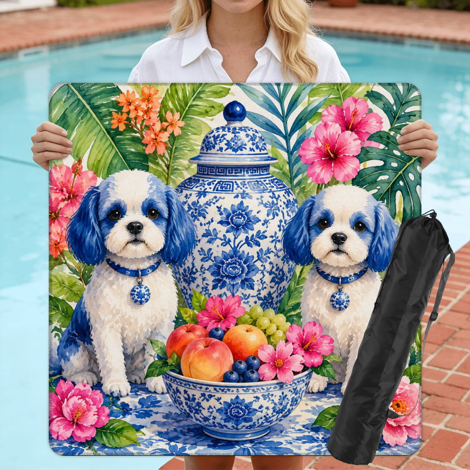 Mahjong Mat 31.5" x 31.5" Blue White Ceramic Dog Statues Floral Peach Details Vibrant Garden Non-Slip Noise Reduction American Mahjong Tiles Table Cover for Dominoes Poker Card Board Games Gift