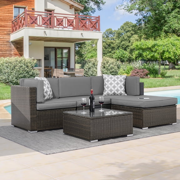 ACEGOSES 5 Pieces Patio Furniture Sets Outdoor Sectional Rattan Conversation Sofas, Tempered Glass Tabletop - Dark Brown Wicker/Grey Cushions