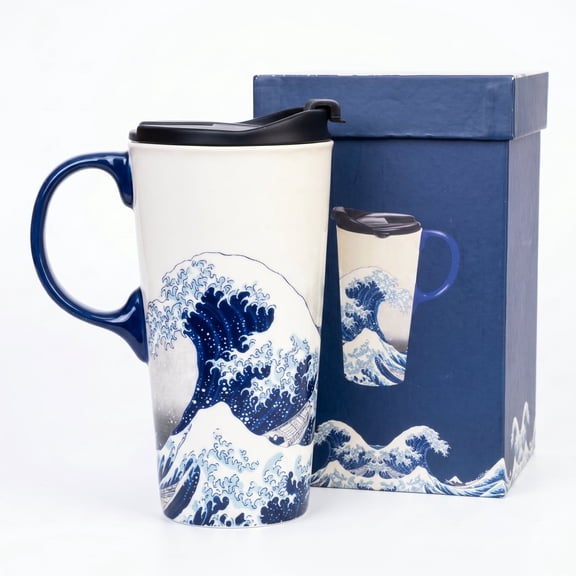 Topadorn Hokusai Great Wave Ceramic Travel Mug, 17oz, Ukiyo-E Art Print, Spill-Resistant Lid, Fits Car Cup Holders, Microwave/Dishwasher Safe, Gift Boxed