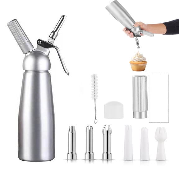 Professional Aluminum Whipped Cream Dispenser Cream Maker 500mL (1 Pint) for Desserts Gourmet Cream Whipper with 6 Decorating Nozzles- N2O Chargers (Not Included)