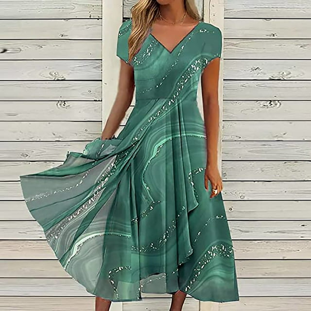 Robe d'Été pour Femmes 2024 Mode Grande Taille pour Impression Florale Manches Courtes Col en V Robe Plissée Robes Fluides 50 % de Réduction!