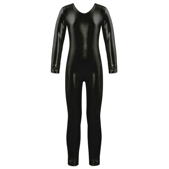 DPOIS Kids Girls Boys Metallic Full Length Gymnastics Leotard Bodysuit Black 4