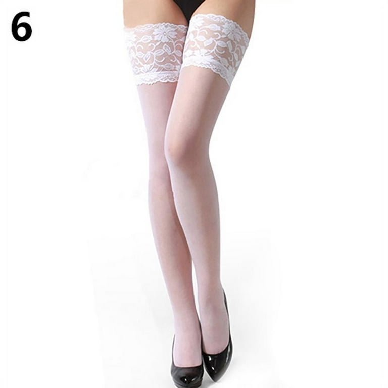 Yesbay Women's Floral Lace Top Sheer Nightclub Thigh High Over The Knee  Stockings White