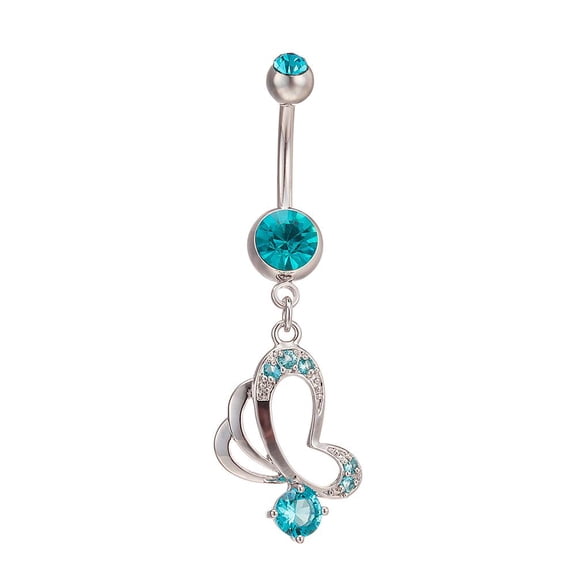 Piercing Jewelry Real Platinum Plated Brass Rhinestone Butterfly Navel Ring Belly Rings Blue Zircon 50x16mm Bar Length: 3/8"(10mm) Bar: 14 Gauge(1.6mm)