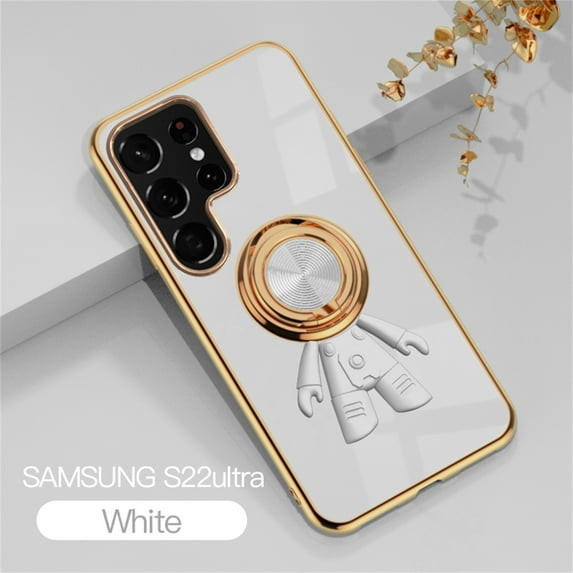 SaniMore for Samsung Galaxy S22 Ultra All-Inclusive Electroplating Silicone Magnetic Case, Three Dimensional Astronaut Case with Car Mount & Ring Kickstand Shockproof Protective Cover, White