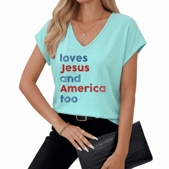 Giffimy Women's "Loves Jesus and America Too" Patriotic V-Neck Sleeveless T-Shirt Casual Summer Tank Top