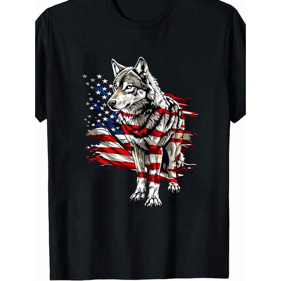 1pc Men's Wolf American Flag Print Black TShirt, Crew Neck, Casual Cotton Tee Medium Stretch Knit Fabric, Men's Regular Fit, Size
