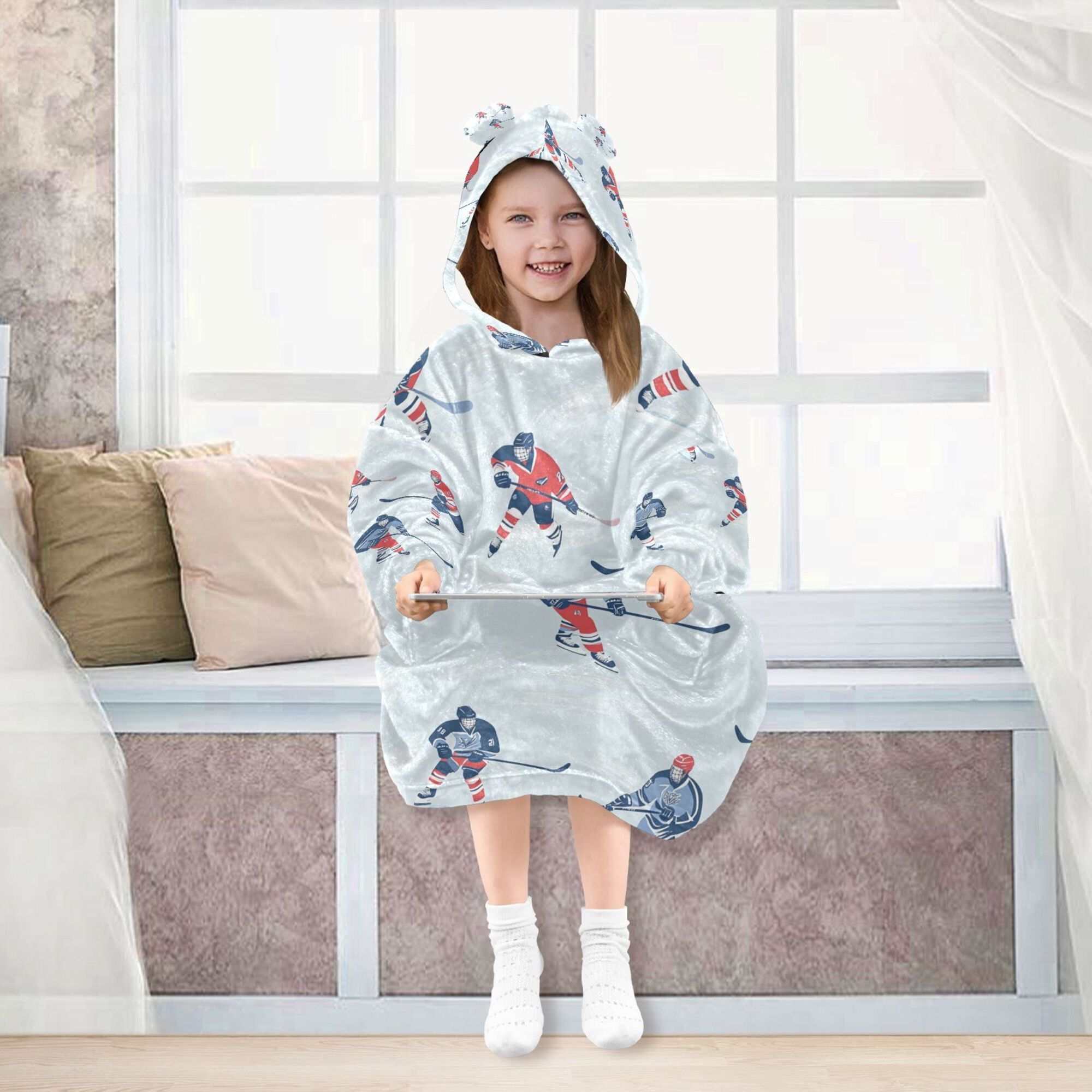 FORMRS Wearable Blanket Hoodie with Sleeves for Kids Cozy Flannel Sweatshirt, Hockey Action Zone