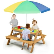 Kids Picnic Table, 4 in 1 Convertible Sand & Water Table with 2 Removable Trays, Height Adjustable Umbrella, Kids Outdoor Table and Benches Set for Backyard, Garden, Playtime (Colorful)